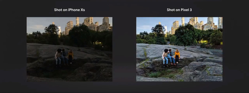 Here’s a Google-provided comparison of Night Sight and a low-light image from an iPhone XS.